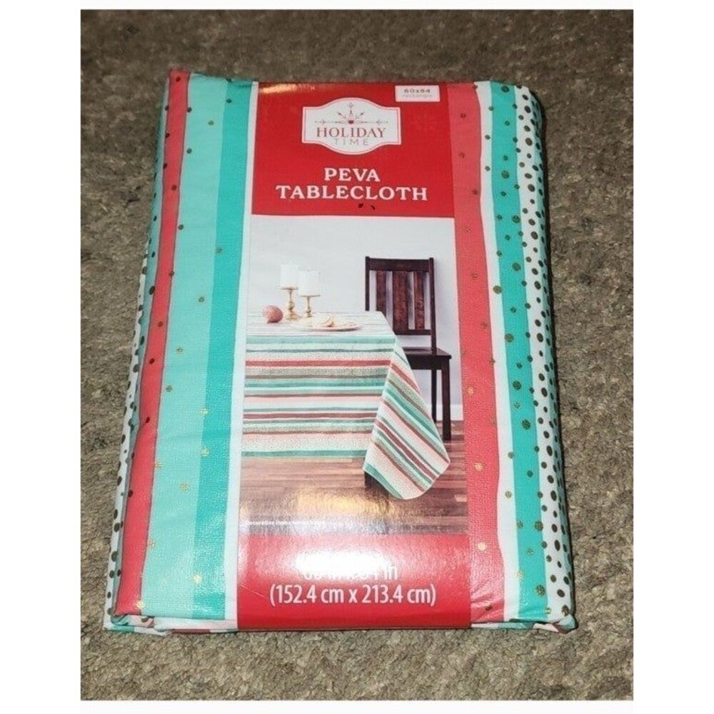 PEVA Tablecloth Holiday Stripes 60in X 84 in